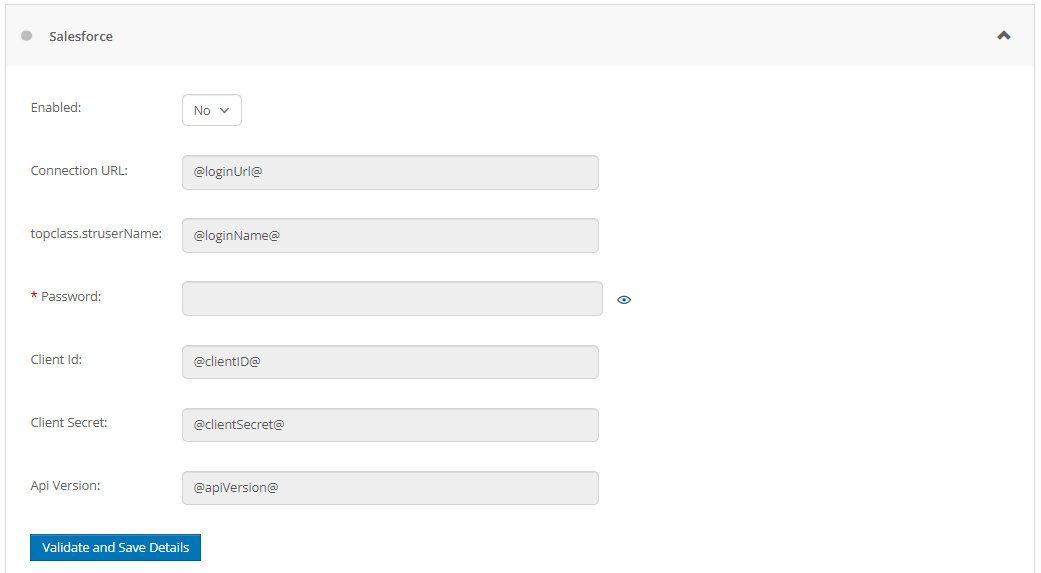 A screenshot illustrating how the Salesforce LMS integration with TopClass is configured.